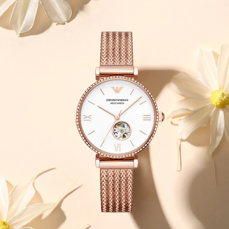 Women's Emporio Armani Automatic White Dial Rose Gold Mesh Bracelet 34mm Watch - AR60063