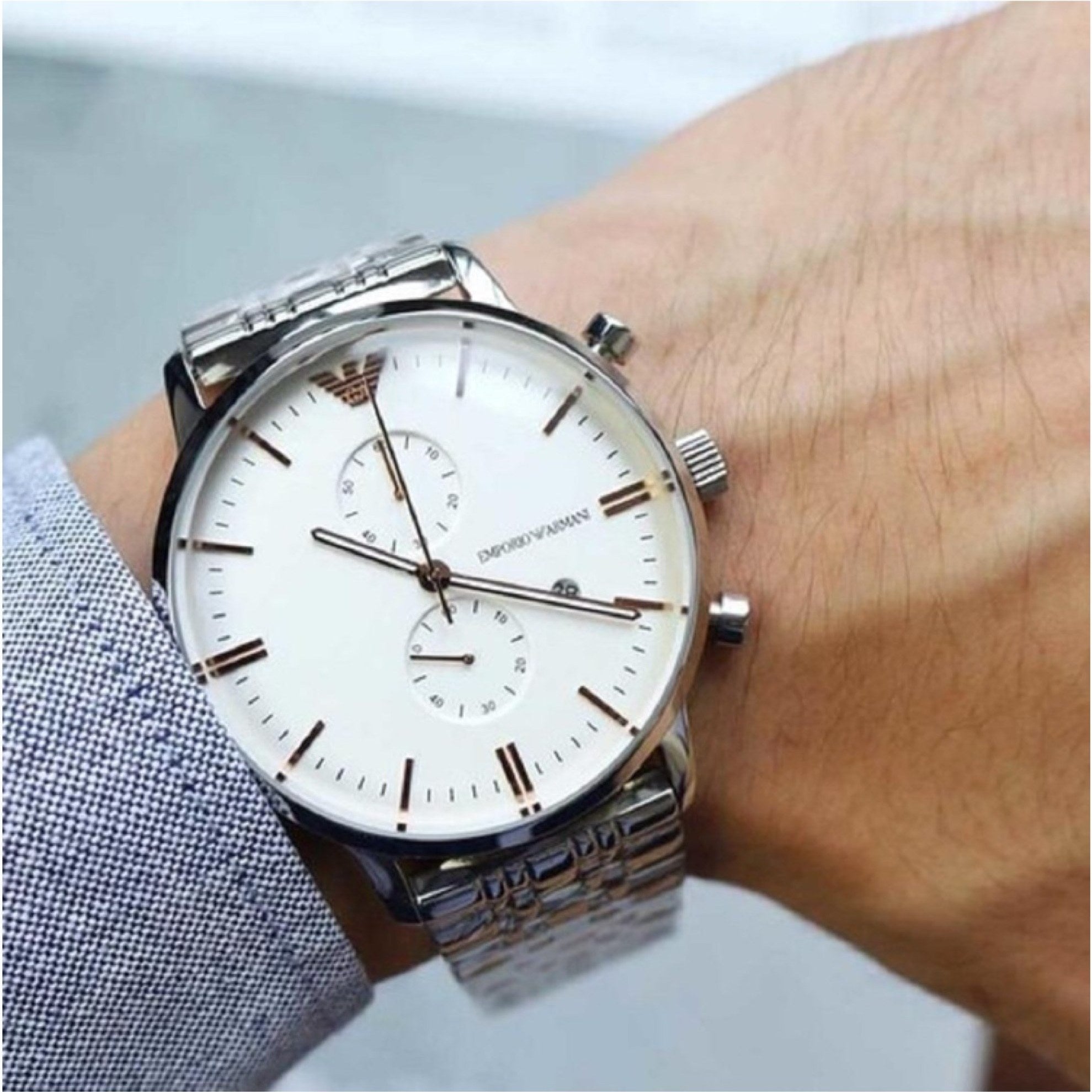 Men's Emporio Armani Classic Chronograph Silver Dial Stainless Steel Watch 41mm - AR1933