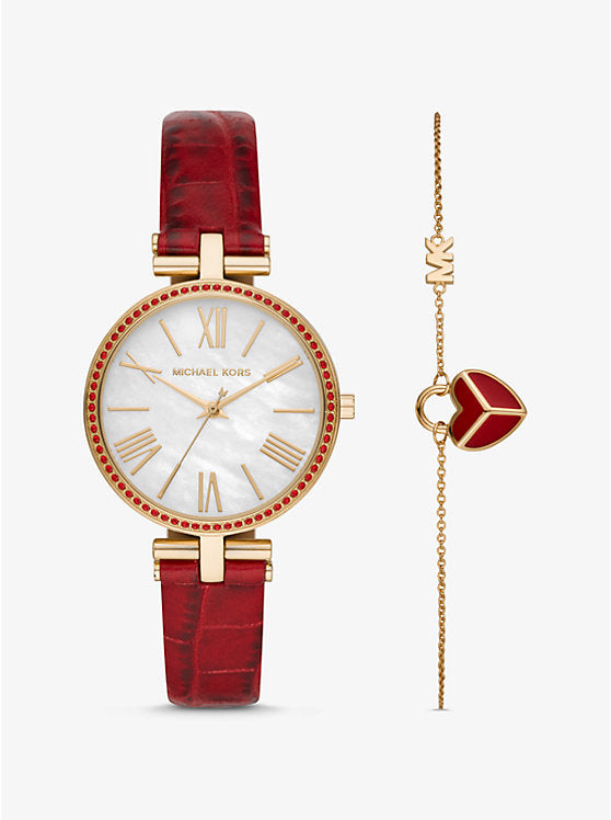Women's Maci Gold-Tone and Embossed Leather Watch and Bracelet Set - MK2890