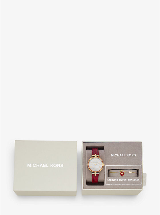 Women's Maci Gold-Tone and Embossed Leather Watch and Bracelet Set - MK2890