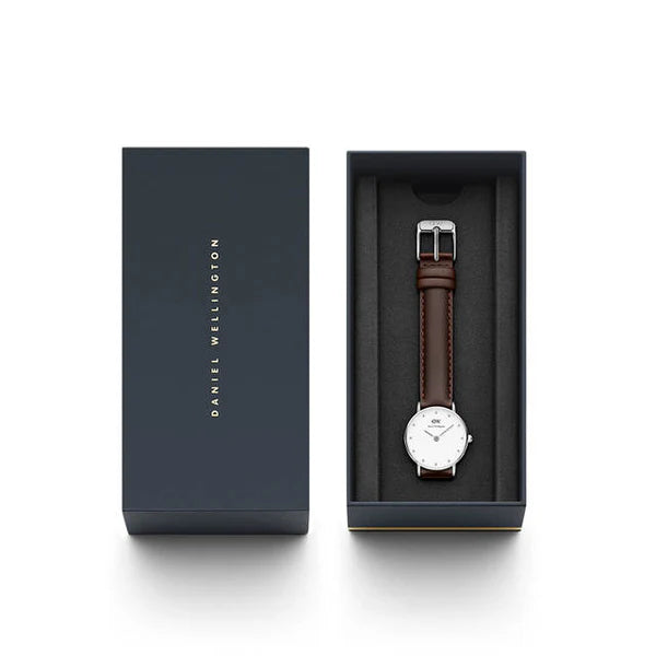 Women's Daniel Wellington Classy Bristol White Dial Brown Leather Strap Watch - DW00100070