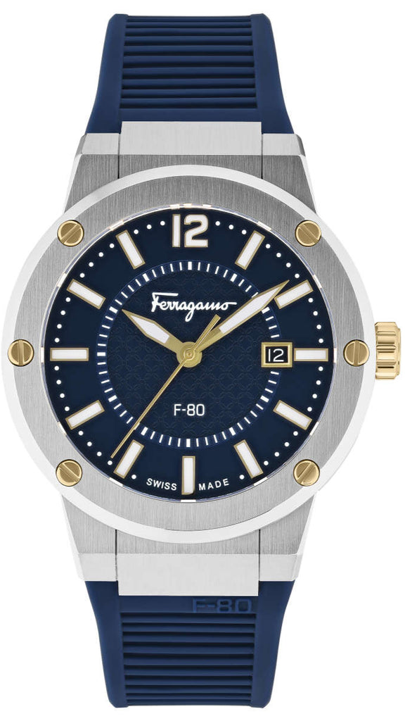 Men's Salvatore Ferragamo F-80 Blue Dial Blue Rubber Strap Watch - SFHY01122