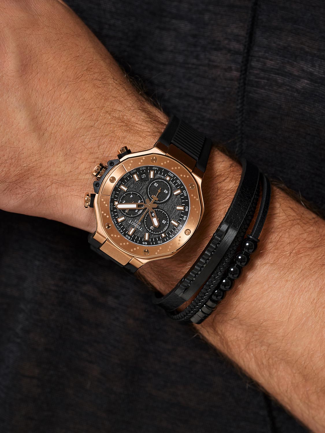 Men's Tissot T-Race Swiss Quartz Chronograph Black Dial Rose Gold PVD Silicone Watch 45mm - T141.417.37.051.00