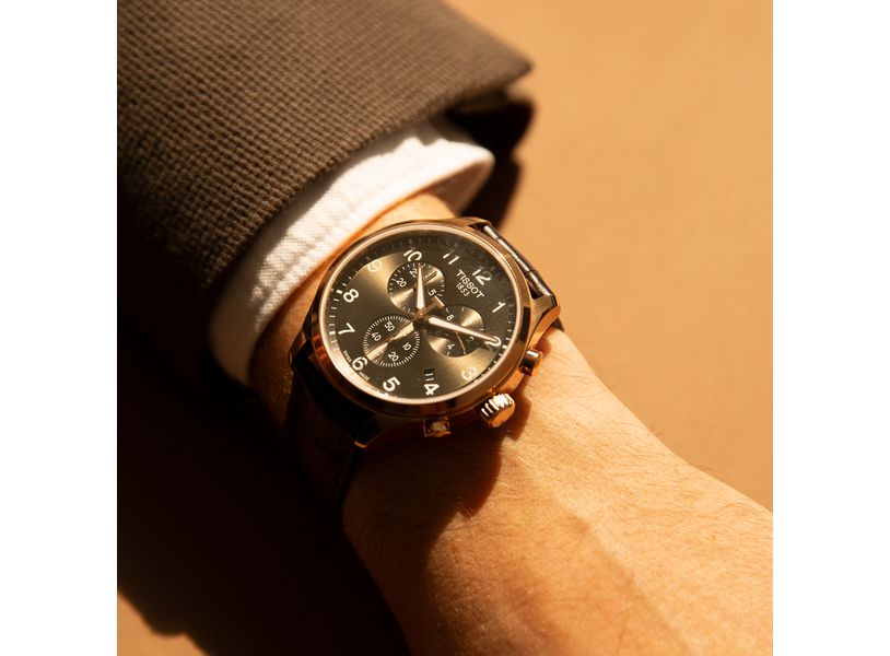 Men's Tissot Chrono XL Classic Swiss Quartz Black Dial Rose Gold PVD Leather Watch 45mm - T116.617.36.057.01
