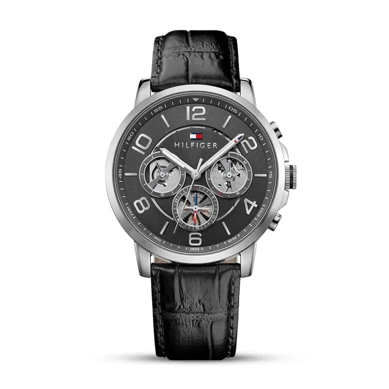 Men's Tommy Hilfiger Keagan Grey Dial Black Leather Strap 44mm Watch - 1791289