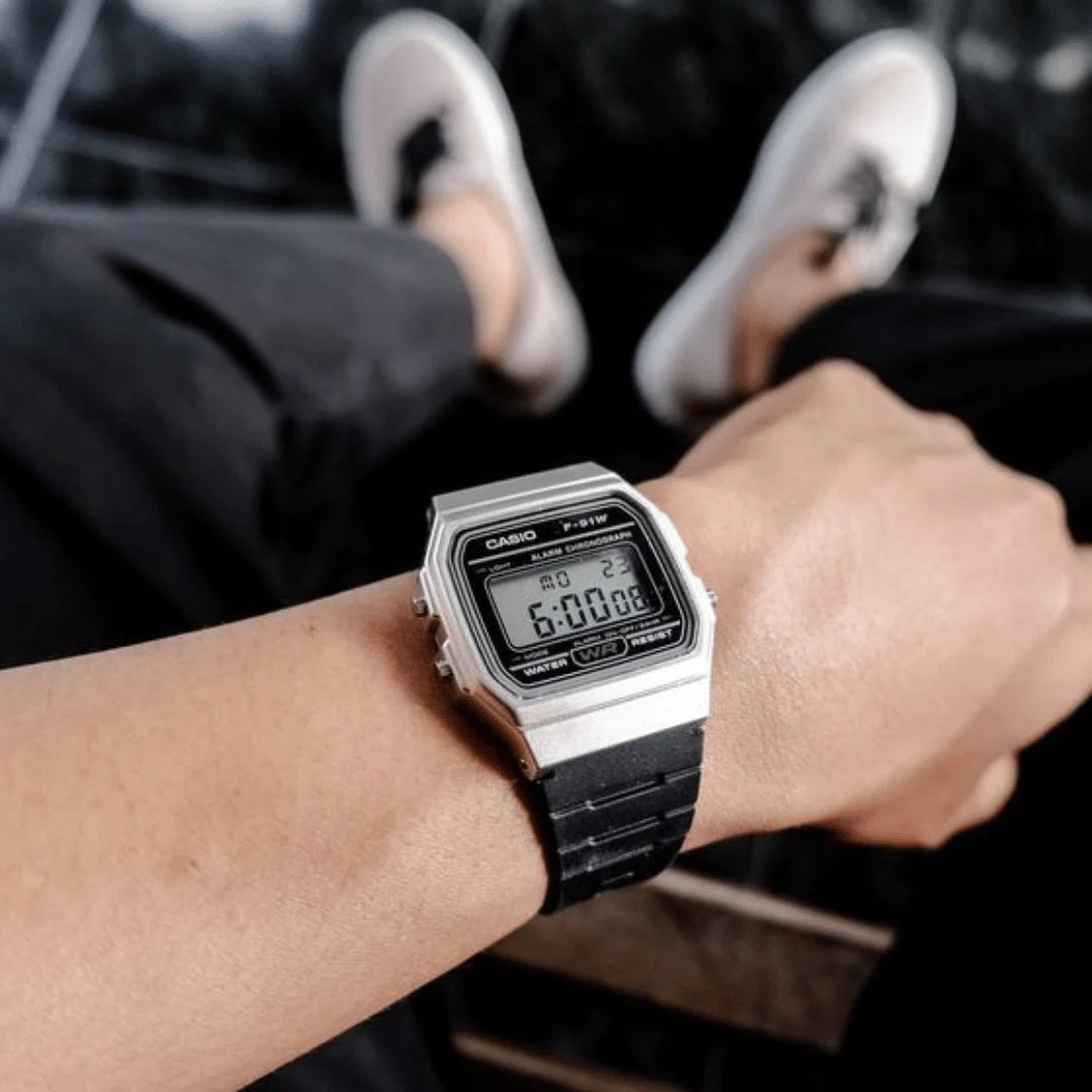Men's Casio Classic Digital Silver Case Black Resin Strap 33mm - F-91WM-7AJH