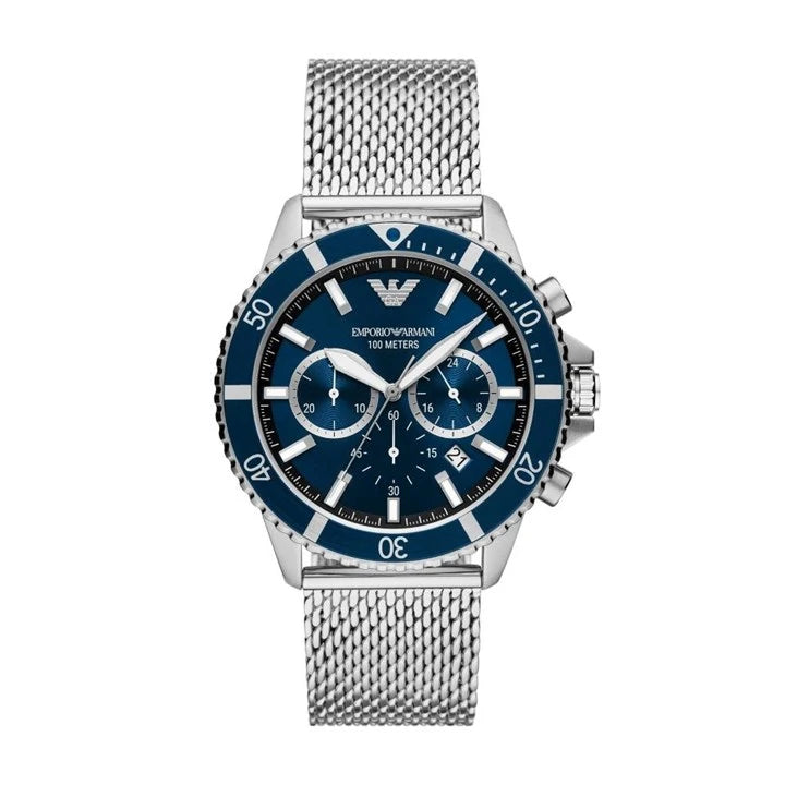 Men's Emporio Armani Diver Quartz Chronograph Blue Dial Mesh Bracelet Watch 43mm - AR11587