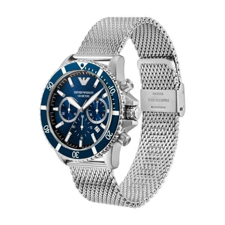 Men's Emporio Armani Diver Quartz Chronograph Blue Dial Mesh Bracelet Watch 43mm - AR11587