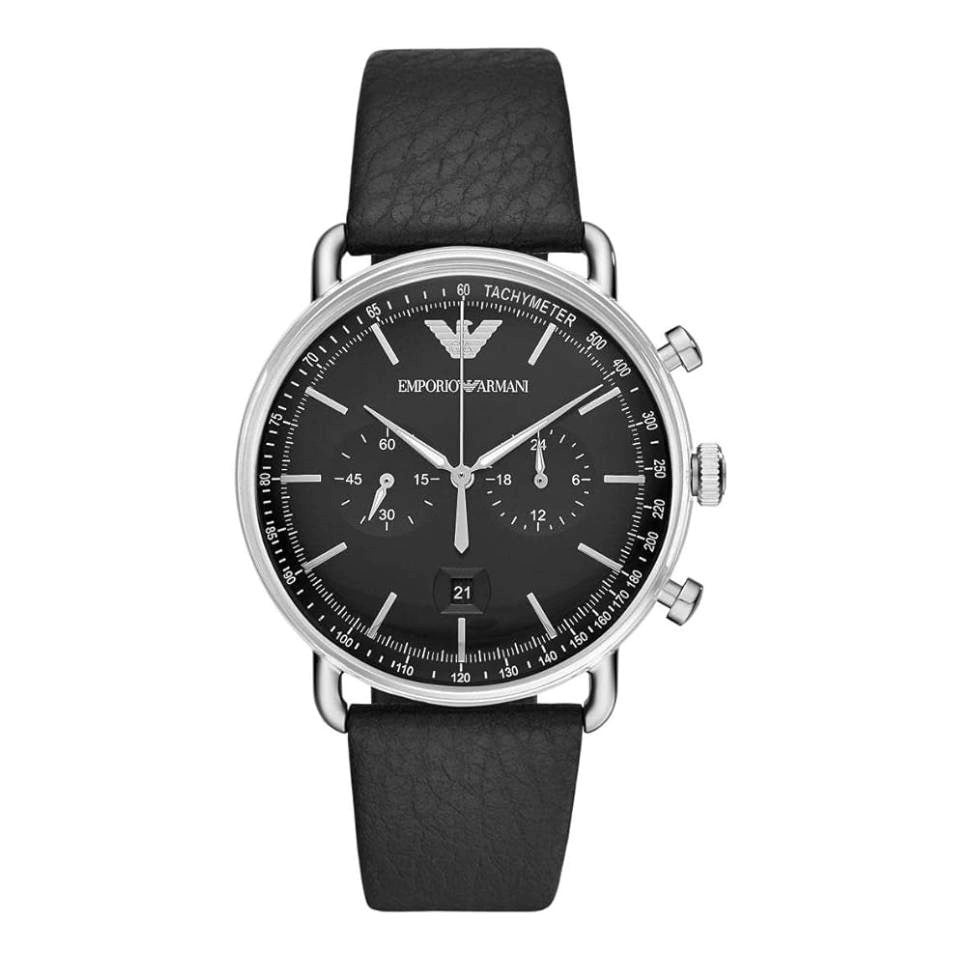 Men's Emporio Armani Aviator Black Leather Black Dial 43mm Watch - AR11143
