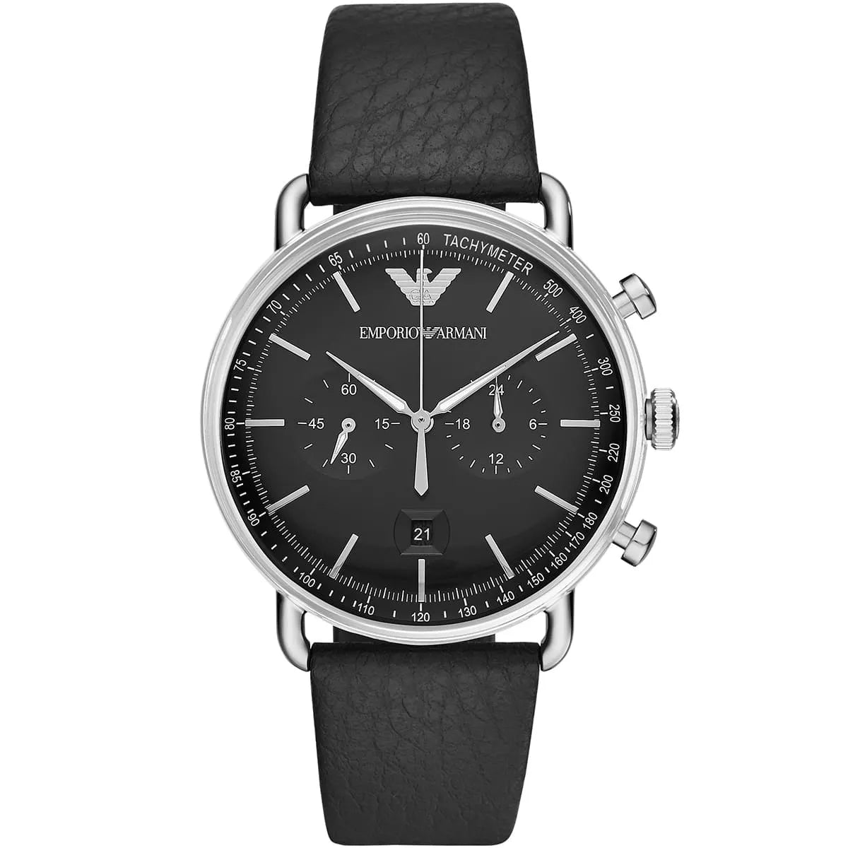 Men's Emporio Armani Aviator Black Leather Black Dial 43mm Watch - AR11143