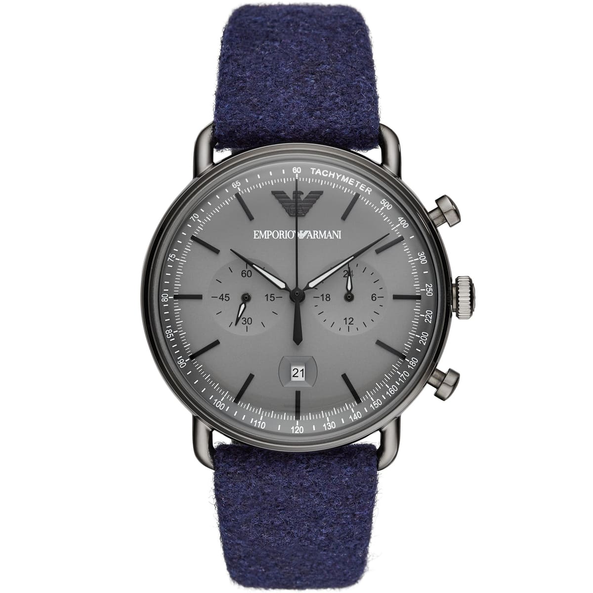 Men's Emporio Armani Aviator Quartz Grey Dial Blue Fabric Strap 43mm Watch - AR11144