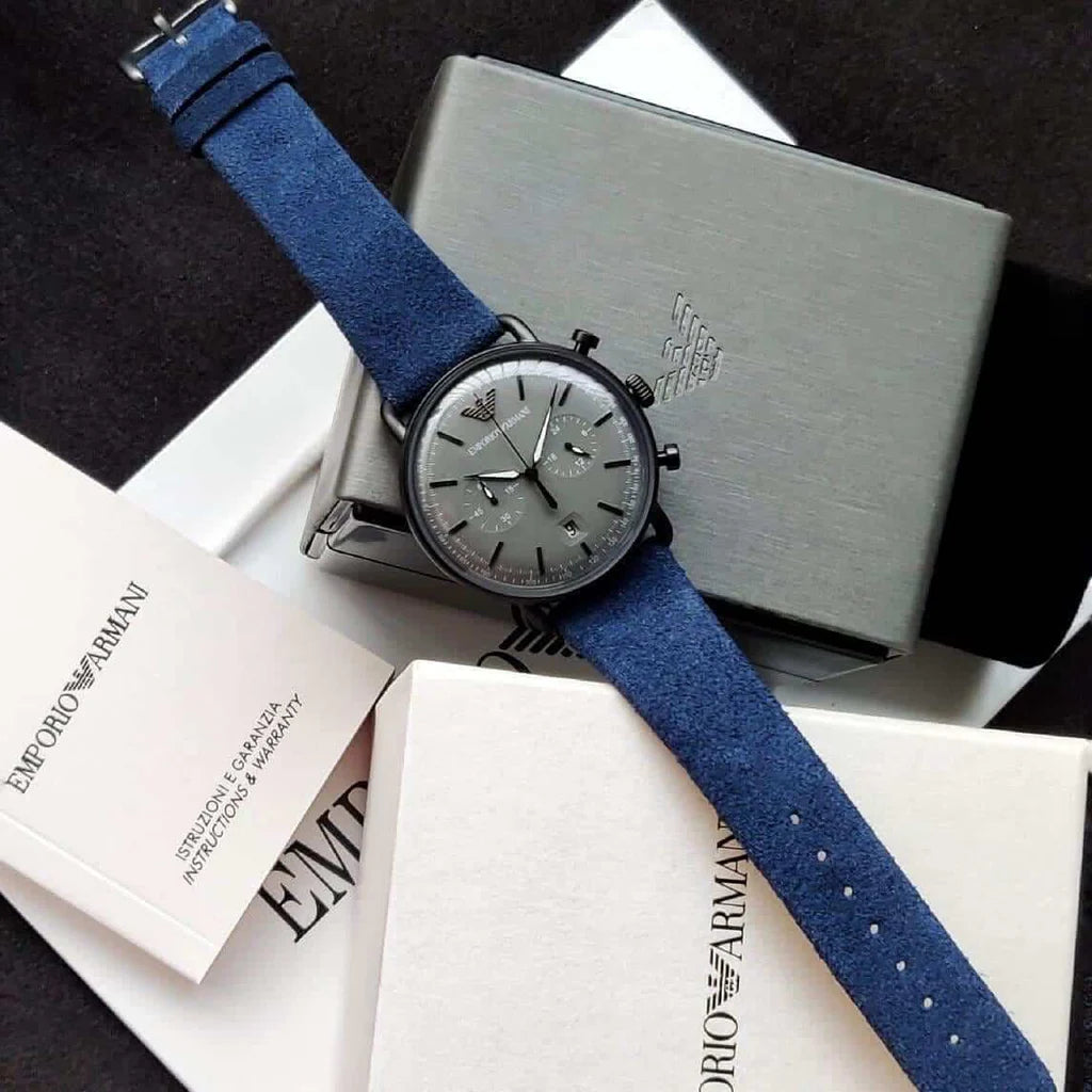 Men's Emporio Armani Aviator Quartz Grey Dial Blue Fabric Strap 43mm Watch - AR11144