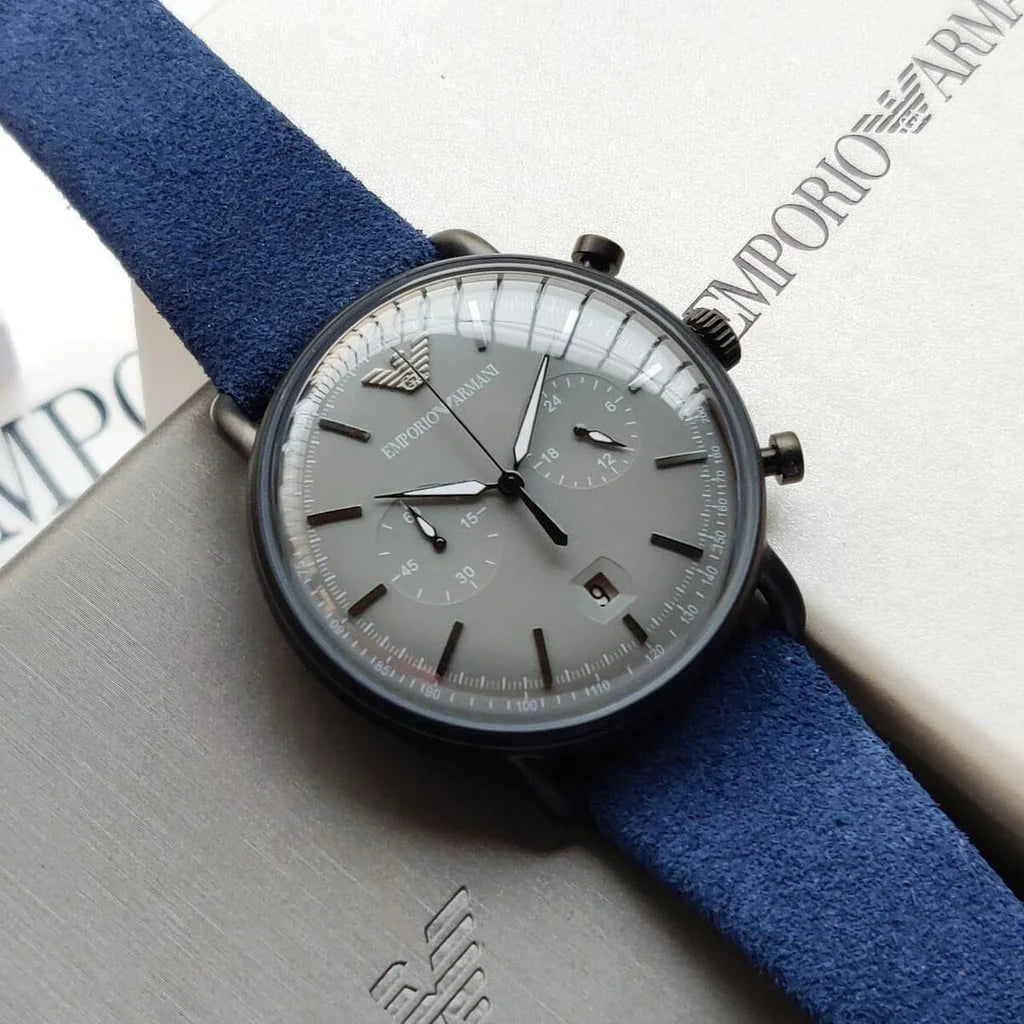 Men's Emporio Armani Aviator Quartz Grey Dial Blue Fabric Strap 43mm Watch - AR11144
