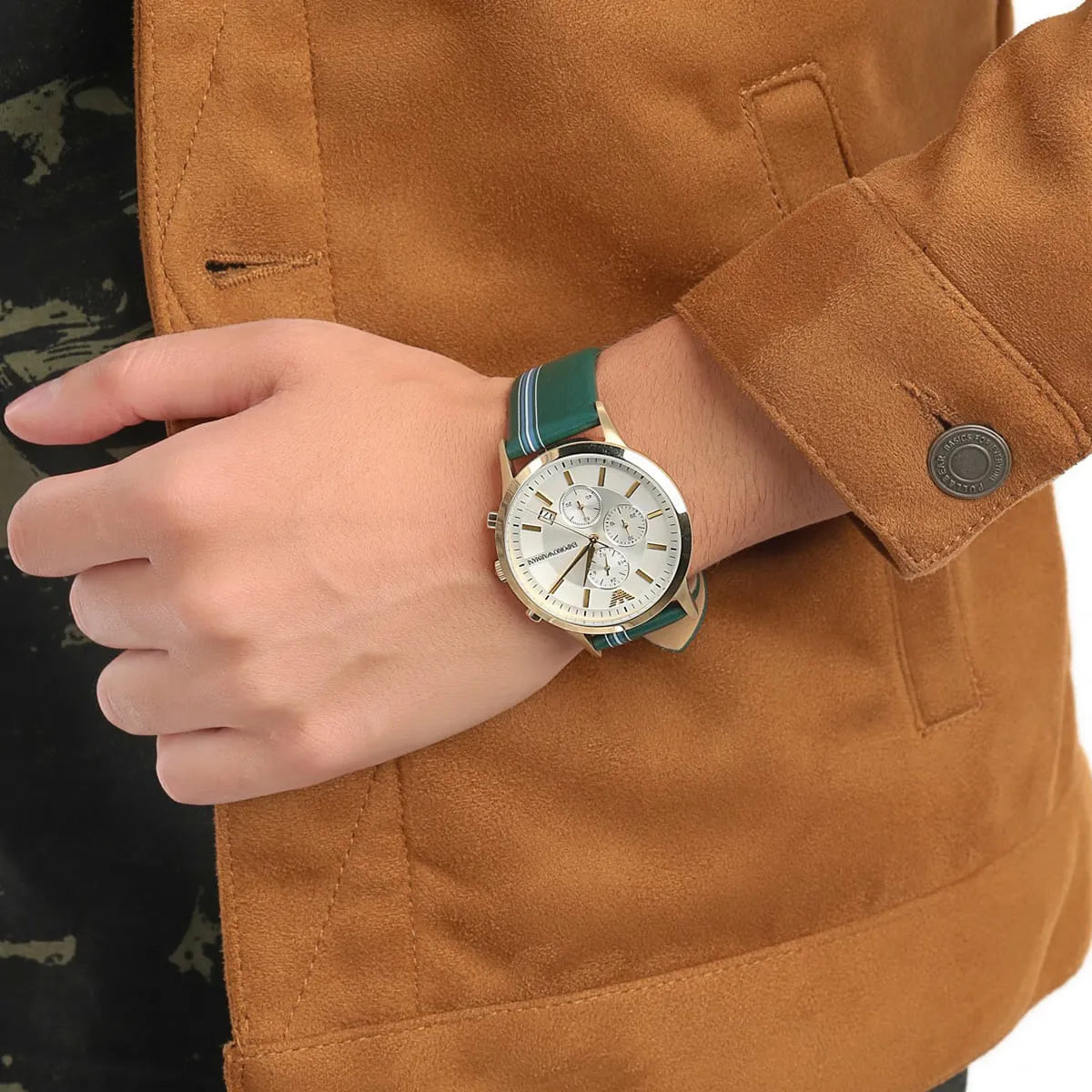 Men's Emporio Armani Renato Quartz Chronograph Gold-Tone Green Leather Watch 43mm - AR11233