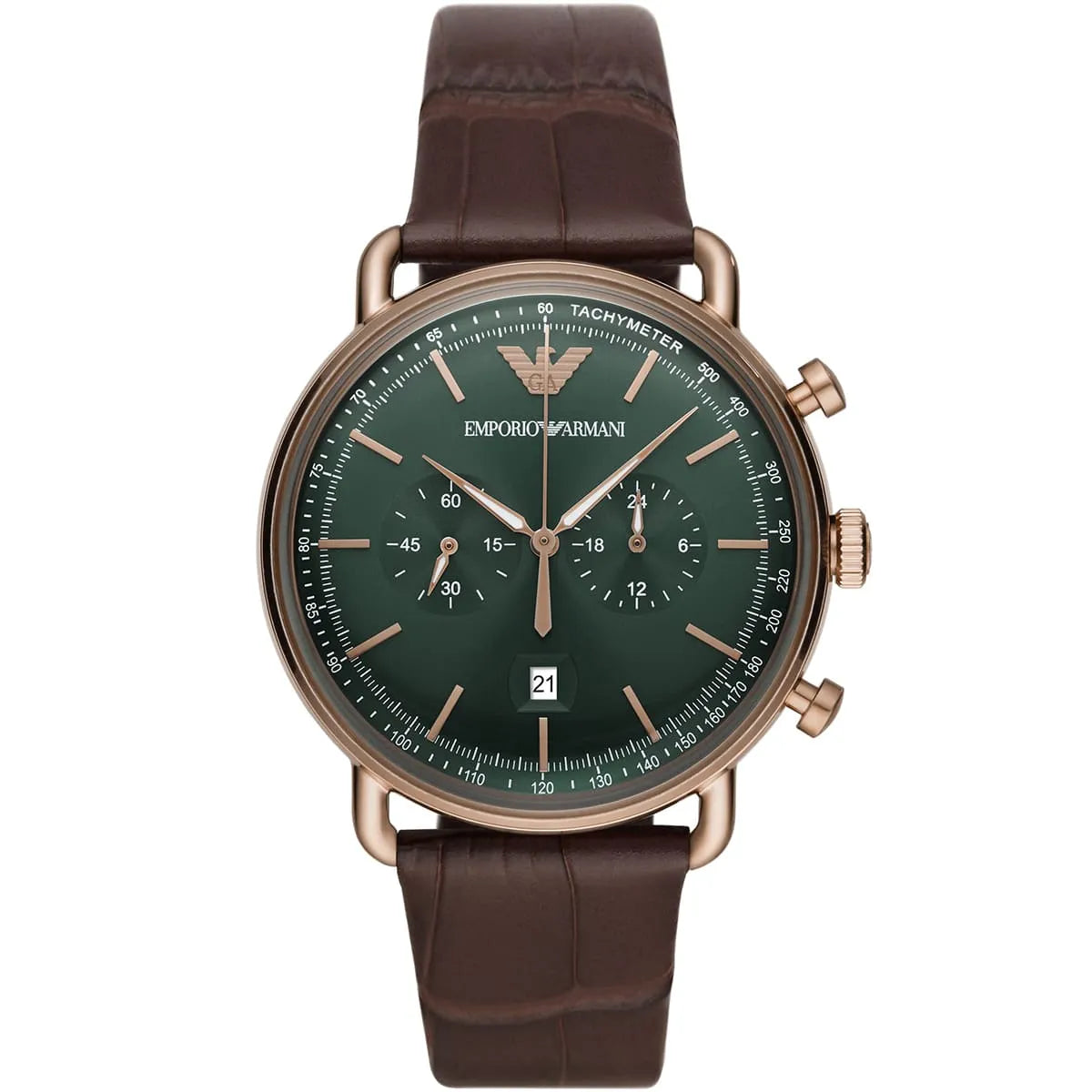 Men's Emporio Armani Mario Quartz Chronograph Green Dial Brown Leather Watch 43mm - AR11334