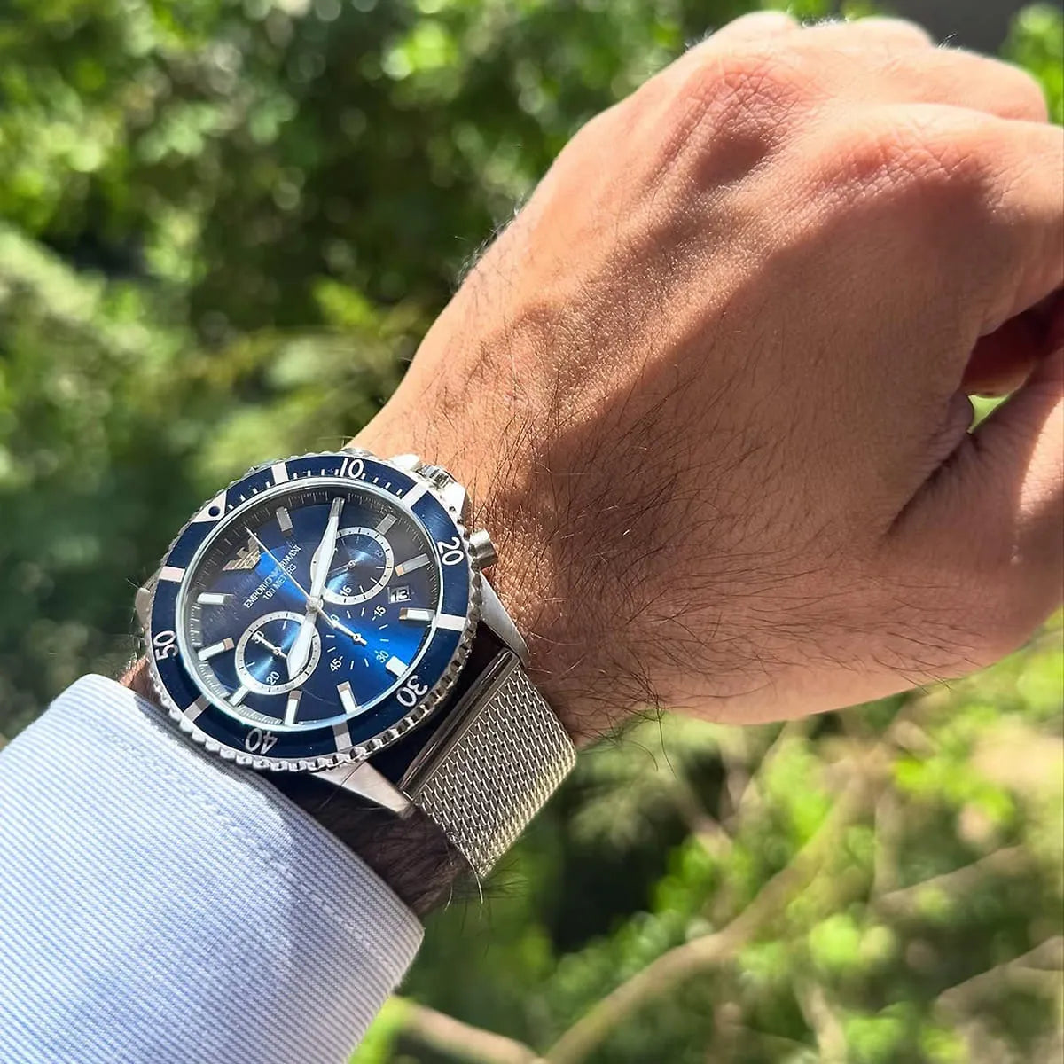 Men's Emporio Armani Diver Quartz Chronograph Blue Dial Mesh Bracelet Watch 43mm - AR11587