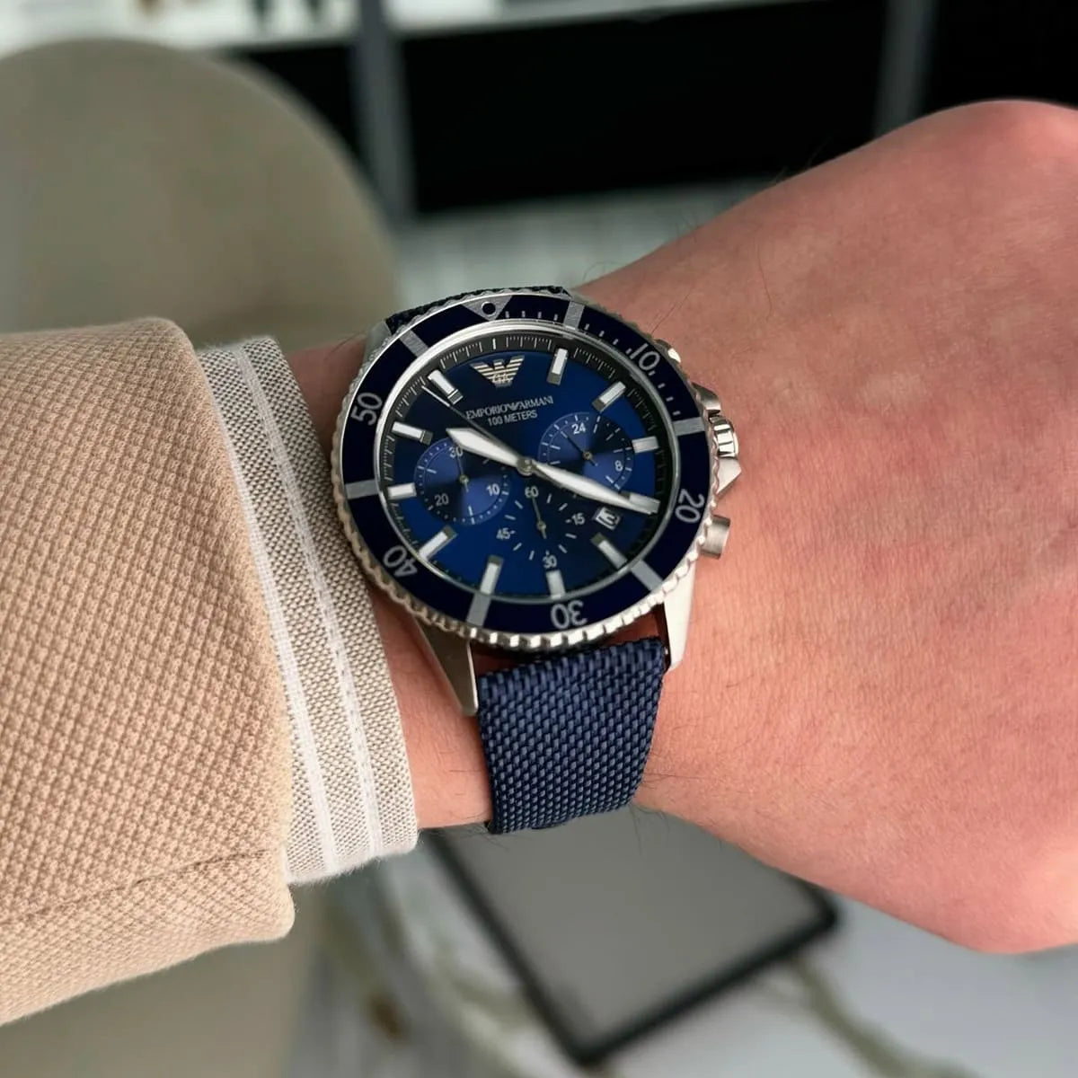 Men's Emporio Armani Diver Quartz Chronograph Blue Dial Fabric Strap Watch 43mm - AR11588