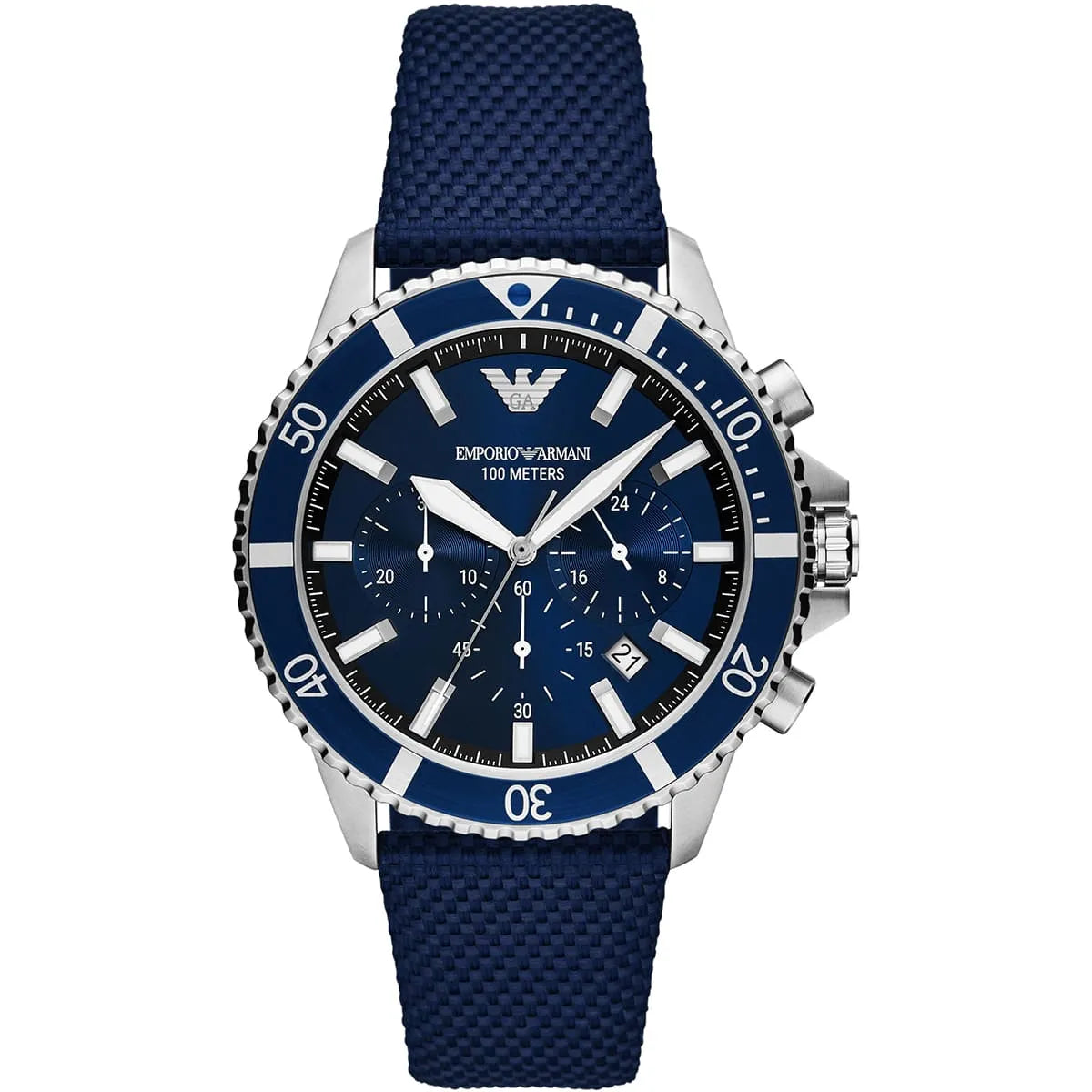 Men's Emporio Armani Diver Quartz Chronograph Blue Dial Fabric Strap Watch 43mm - AR11588