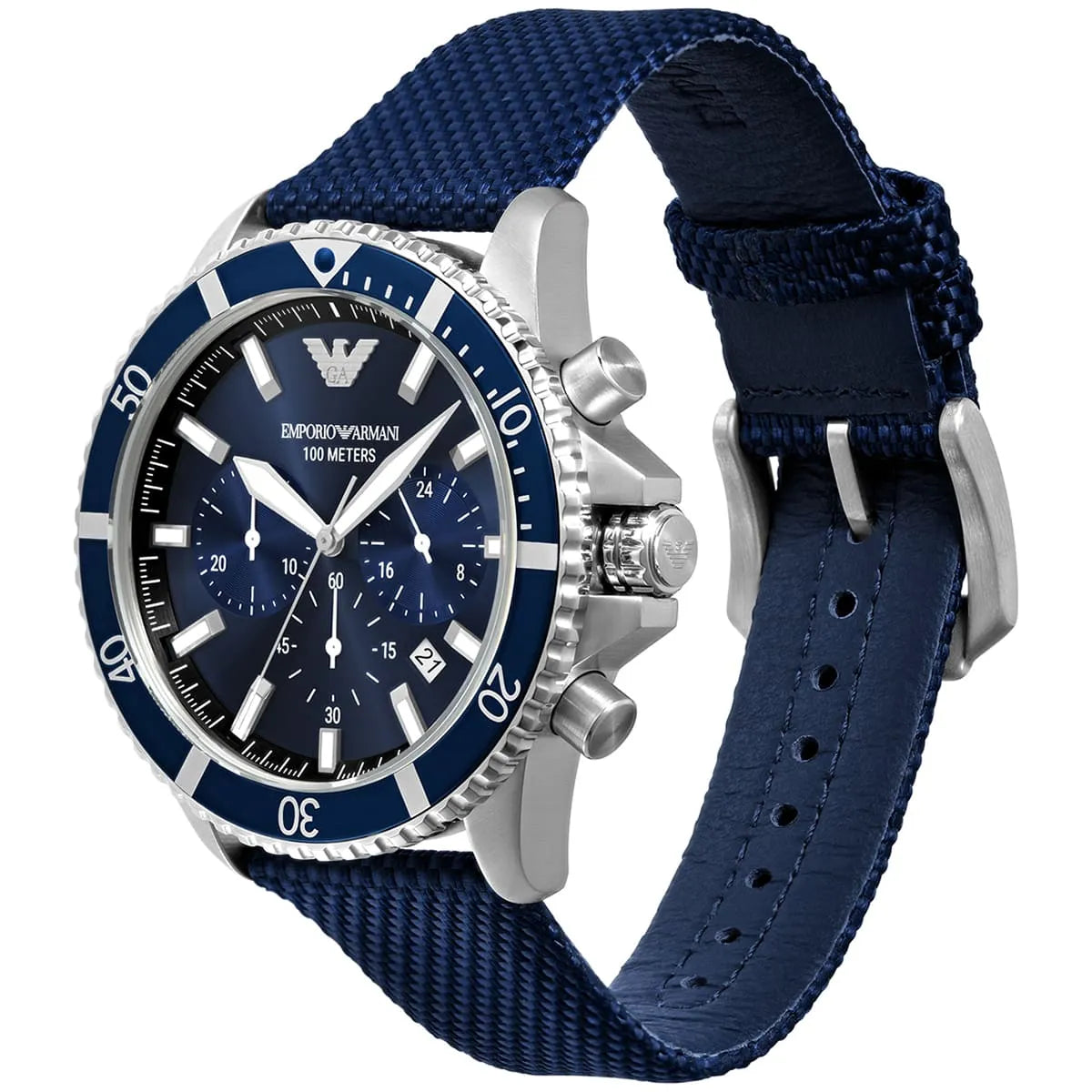 Men's Emporio Armani Diver Quartz Chronograph Blue Dial Fabric Strap Watch 43mm - AR11588