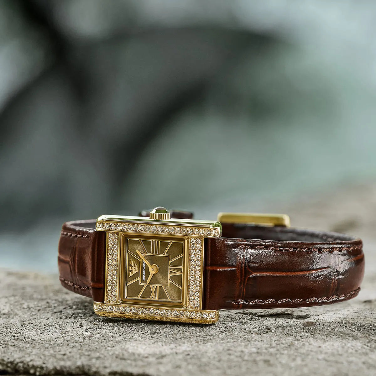 Women's Emporio Armani Gold-Tone Crystal Bezel Brown Dial Leather Watch 20mm - AR11705