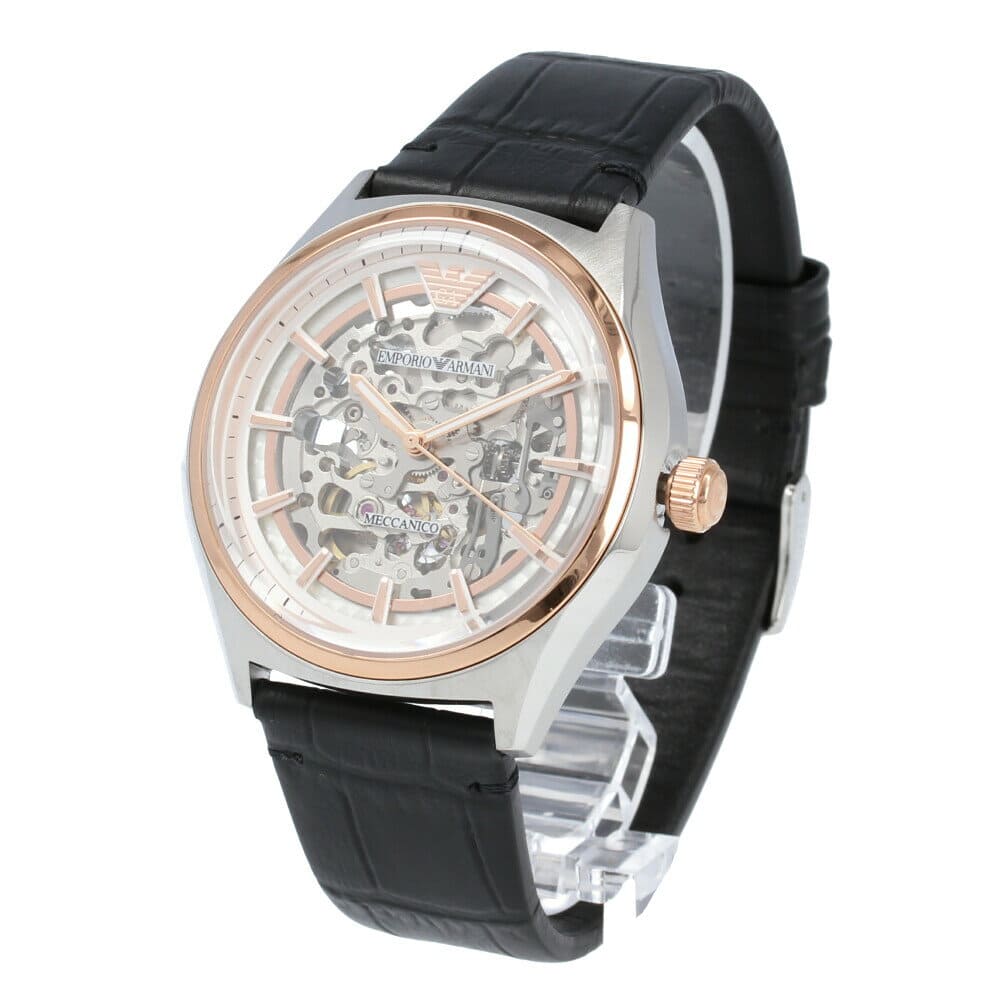 Men's Emporio Armani Zeta Skeleton Automatic Black Leather Strap Watch - AR60018