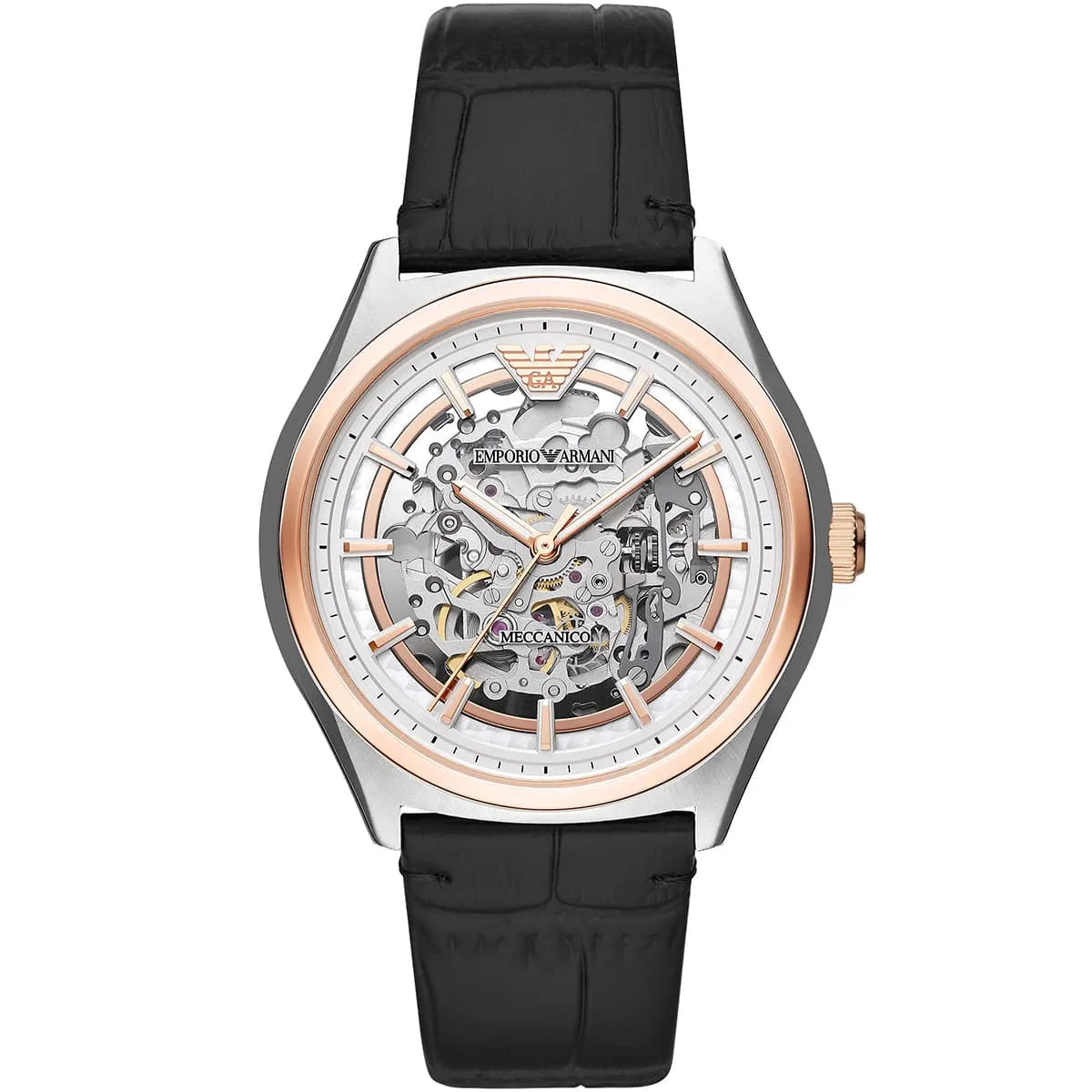 Men's Emporio Armani Zeta Skeleton Automatic Black Leather Strap Watch - AR60018