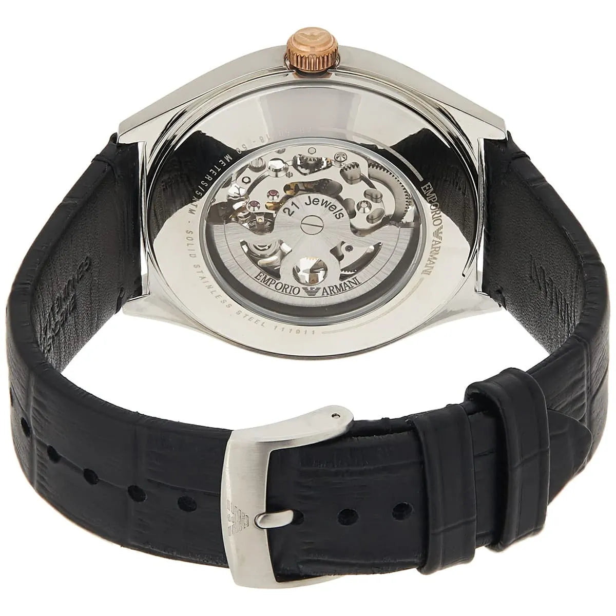 Men's Emporio Armani Zeta Skeleton Automatic Black Leather Strap Watch - AR60018
