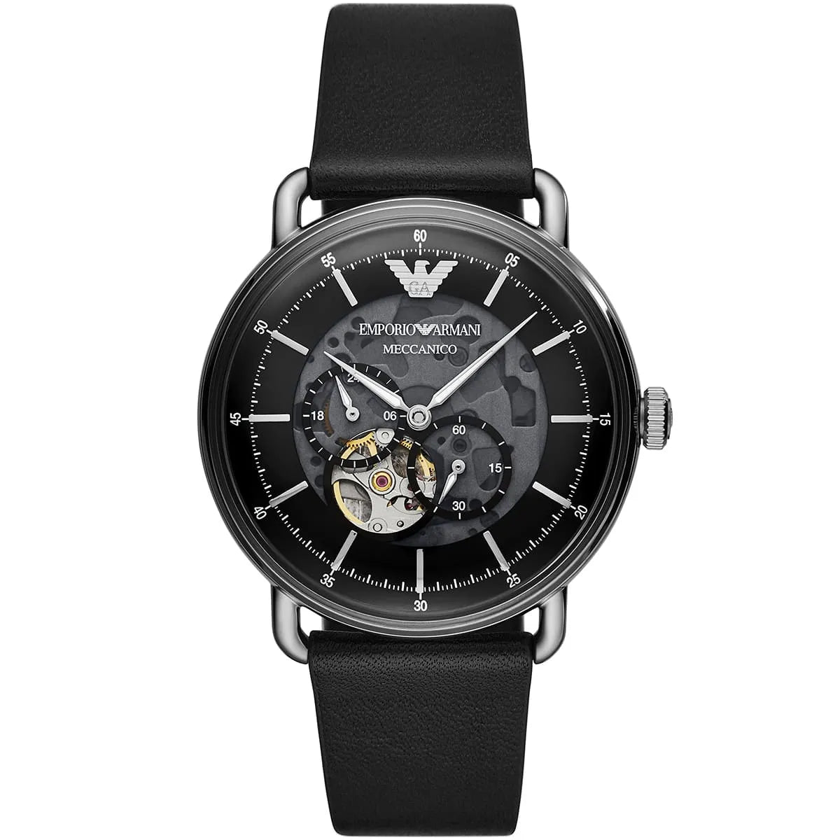 Men's Emporio Armani Aviator Skeleton Dial Black Leather Strap 43mm Watch - AR60026