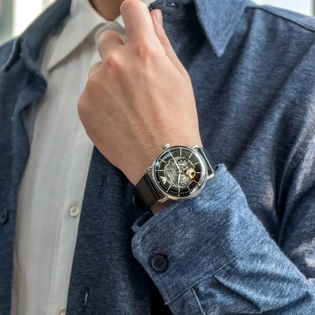 Men's Emporio Armani Aviator Skeleton Dial Black Leather Strap 43mm Watch - AR60026