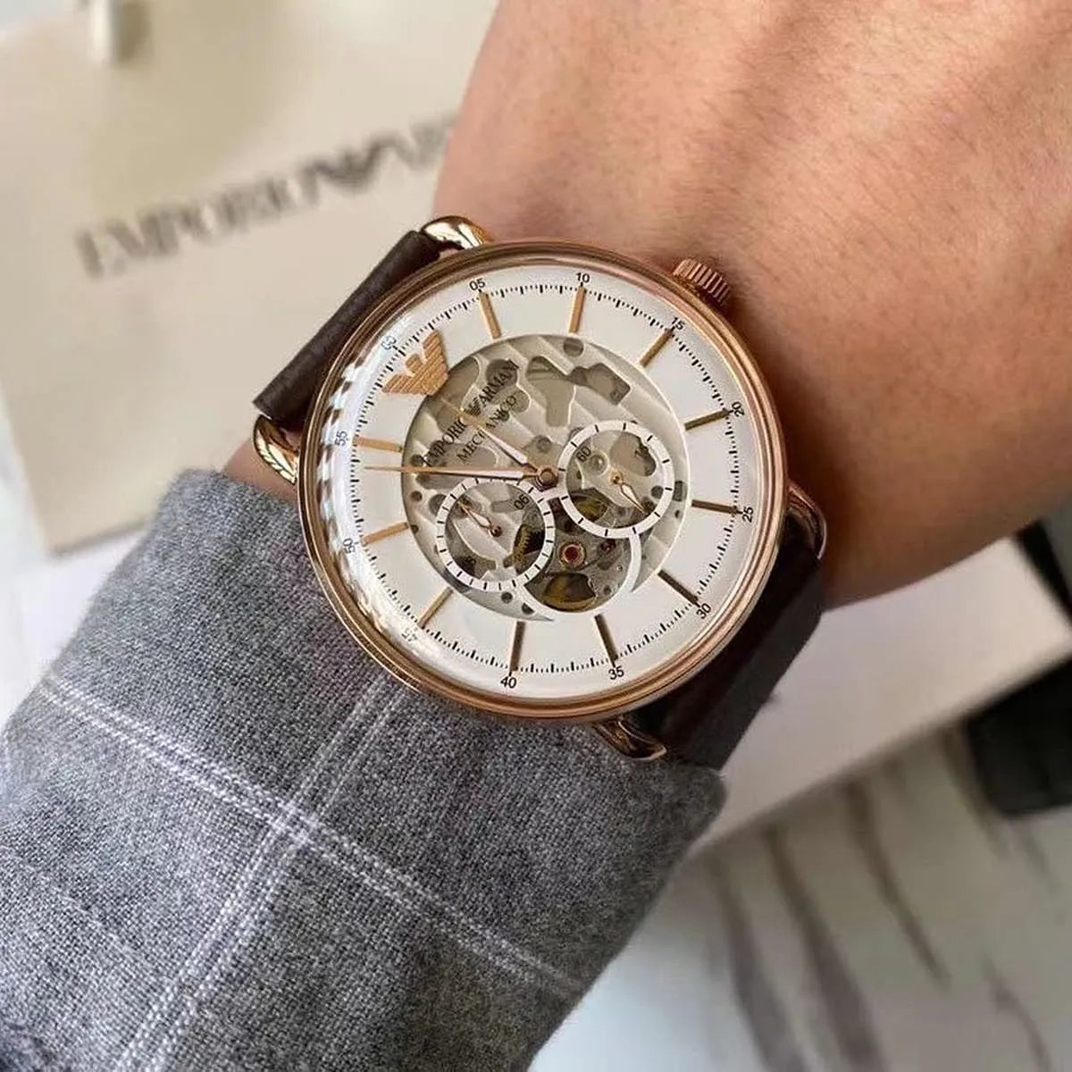 Men's Emporio Armani Aviator Automatic White Skeleton Dial Watch - AR60027