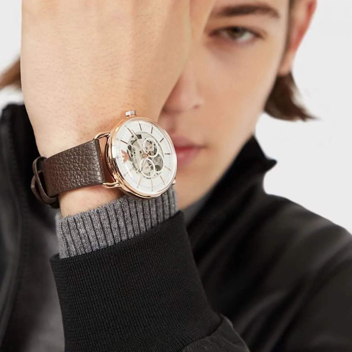 Men's Emporio Armani Aviator Automatic White Skeleton Dial Watch - AR60027