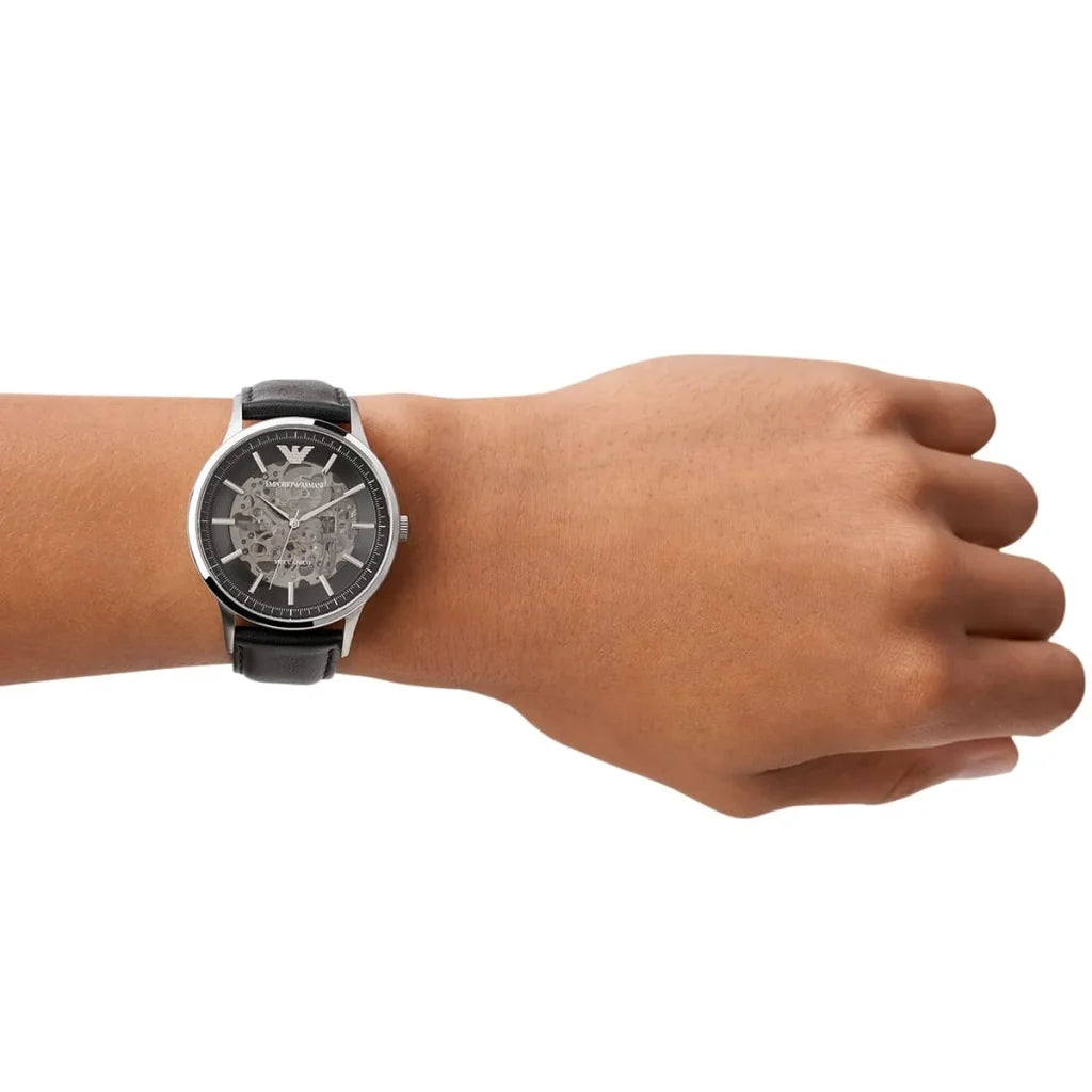 Men's Emporio Armani Automatic Black Leather Strap Watch - AR60038