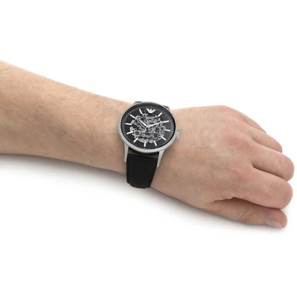 Men's Emporio Armani Automatic Black Leather Strap Watch - AR60038
