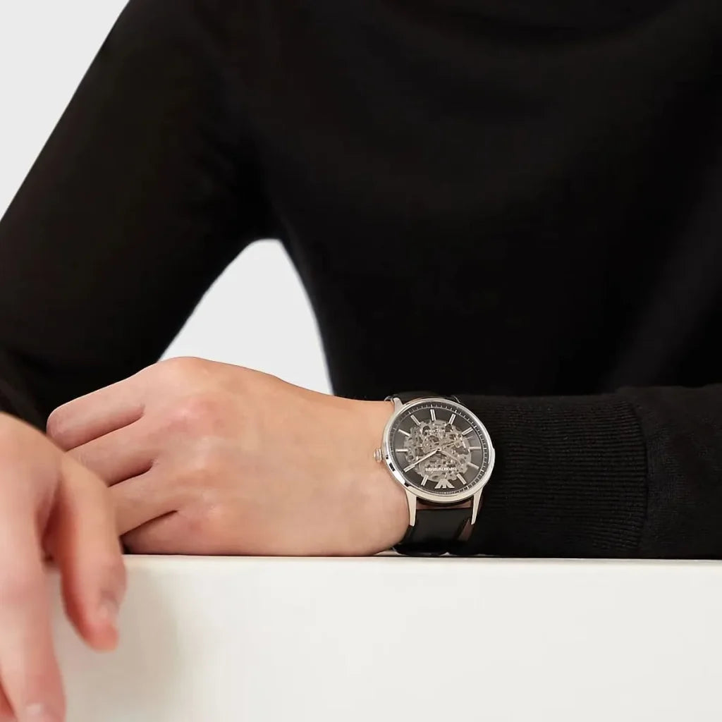 Men's Emporio Armani Automatic Black Leather Strap Watch - AR60038