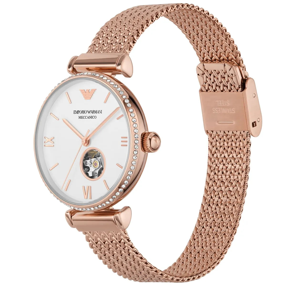 Women's Emporio Armani Automatic White Dial Rose Gold Mesh Bracelet 34mm Watch - AR60063