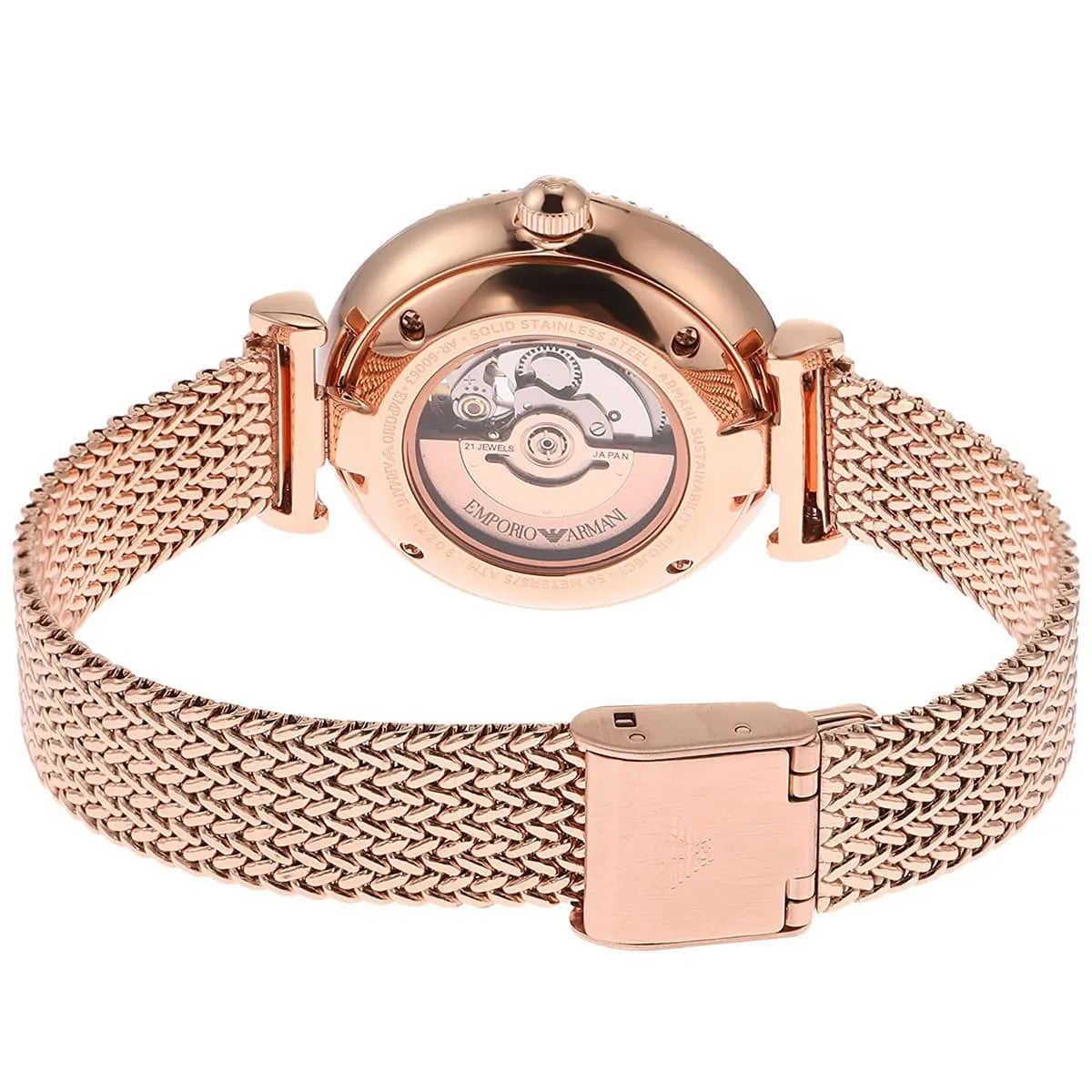 Women's Emporio Armani Automatic White Dial Rose Gold Mesh Bracelet 34mm Watch - AR60063