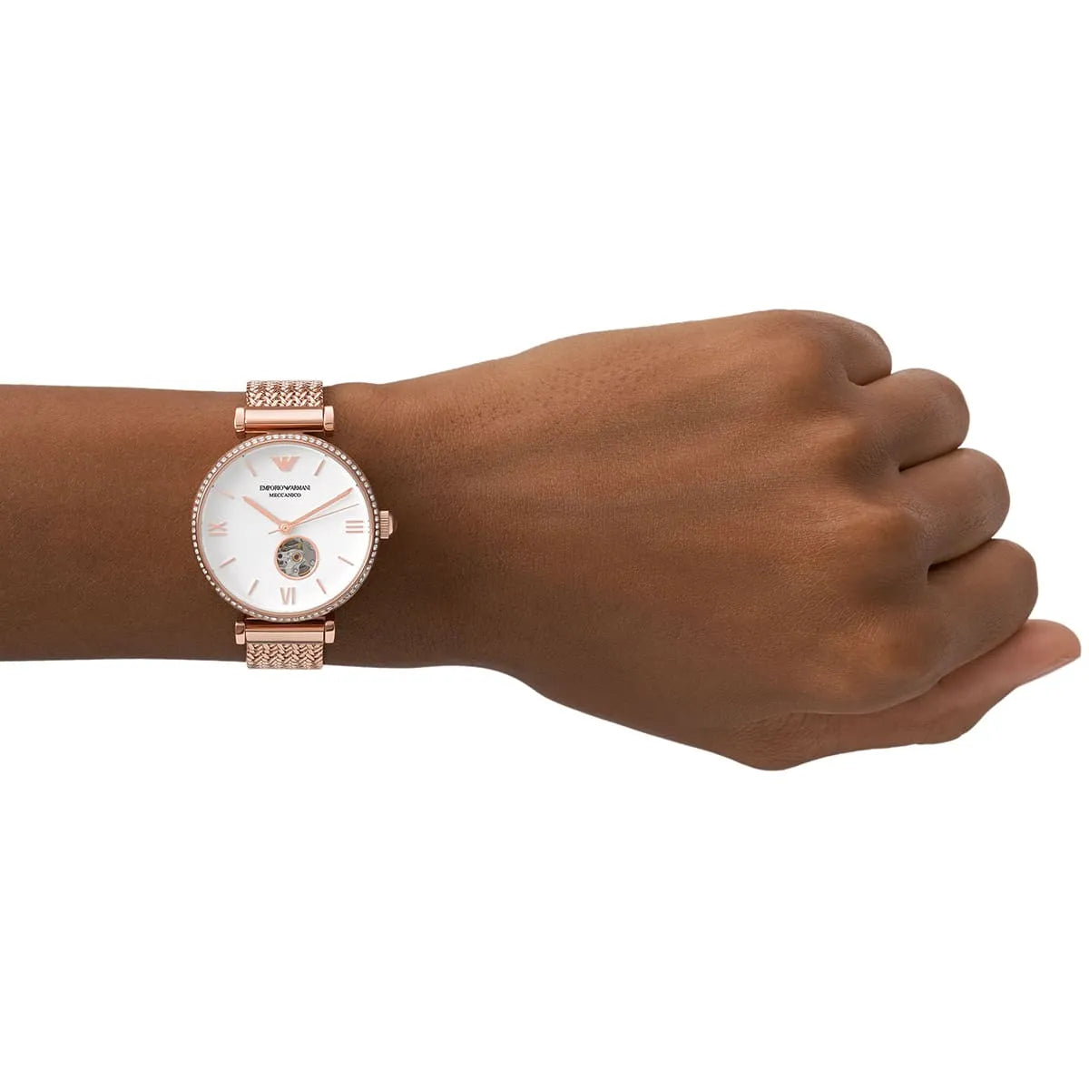 Women's Emporio Armani Automatic White Dial Rose Gold Mesh Bracelet 34mm Watch - AR60063