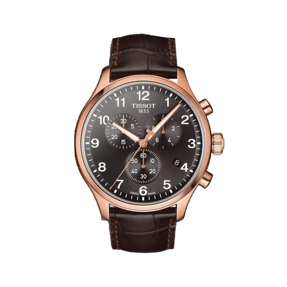 Men's Tissot Chrono XL Classic Swiss Quartz Black Dial Rose Gold PVD Leather Watch 45mm - T116.617.36.057.01