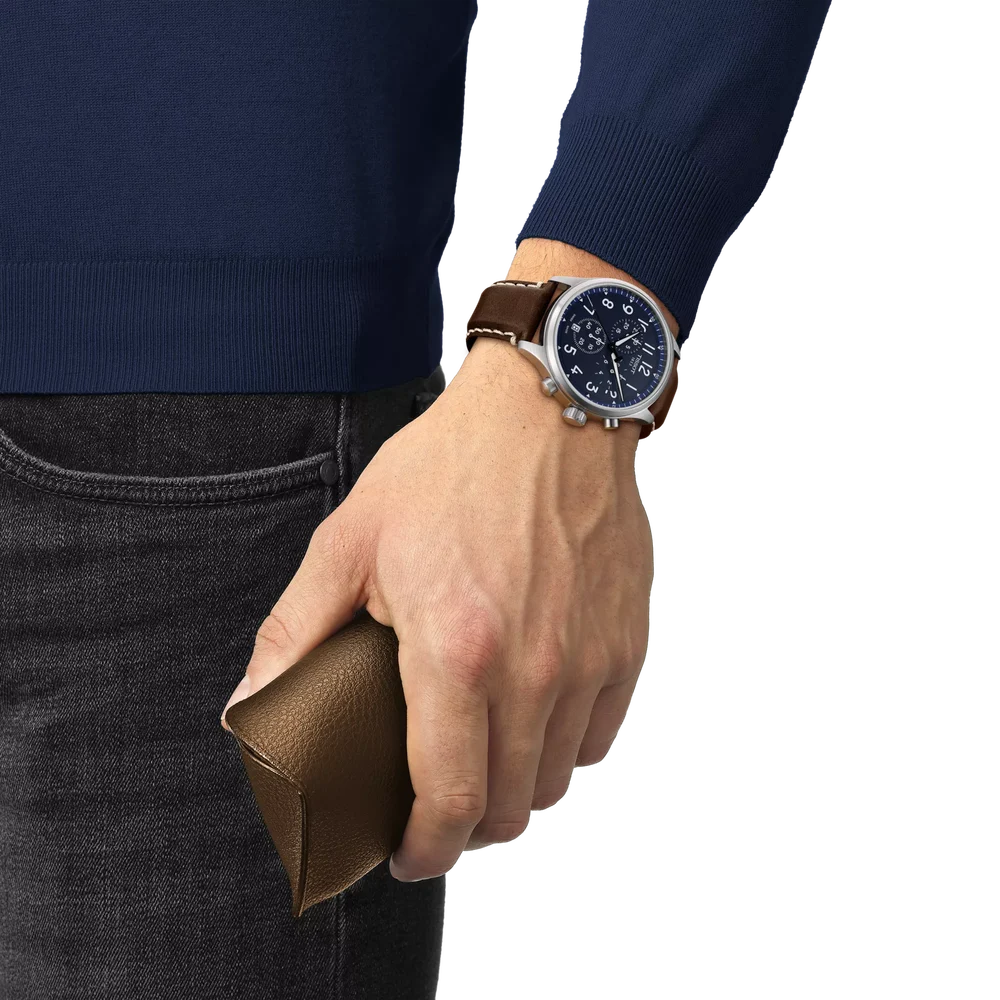 Men's Tissot Chrono XL Vintage Swiss Quartz Blue Dial Brown Leather Watch 45mm - T116.617.16.042.00