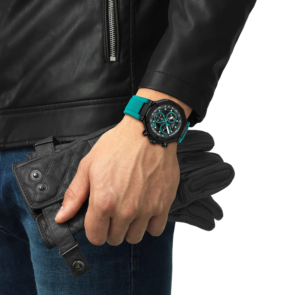 Men's Tissot T-Race Quartz Chronograph Black Dial Green Silicone Strap 45mm - T141.417.37.051.01