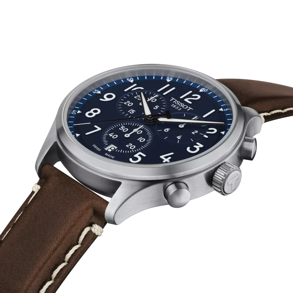 Men's Tissot Chrono XL Vintage Swiss Quartz Blue Dial Brown Leather Watch 45mm - T116.617.16.042.00