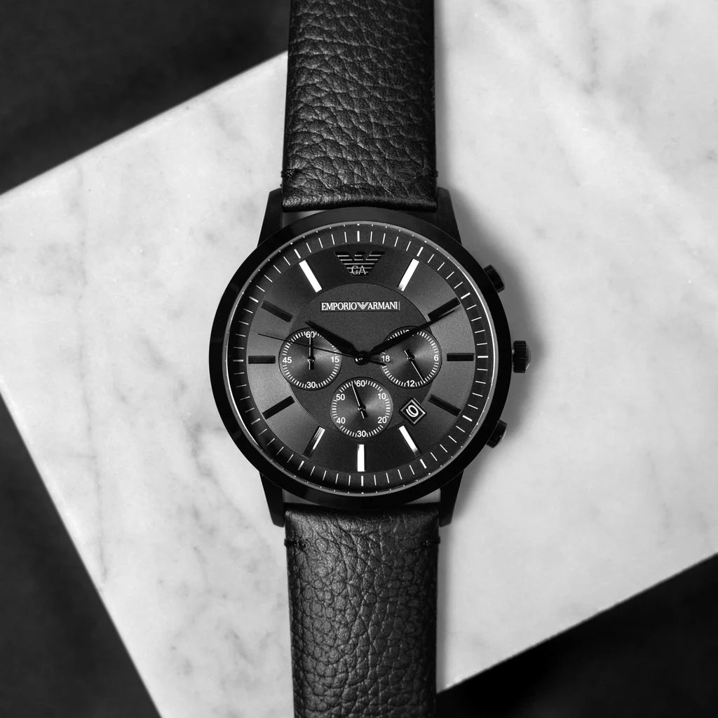 Men's Emporio Armani Renato Black Round Leather Watch - AR2461