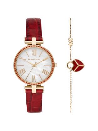 Women's Maci Gold-Tone and Embossed Leather Watch and Bracelet Set - MK2890