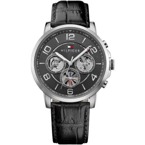 Men's Tommy Hilfiger Keagan Grey Dial Black Leather Strap 44mm Watch - 1791289
