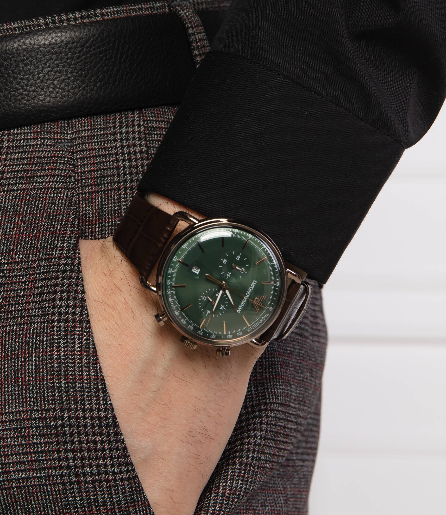 Men's Emporio Armani Mario Quartz Chronograph Green Dial Brown Leather Watch 43mm - AR11334