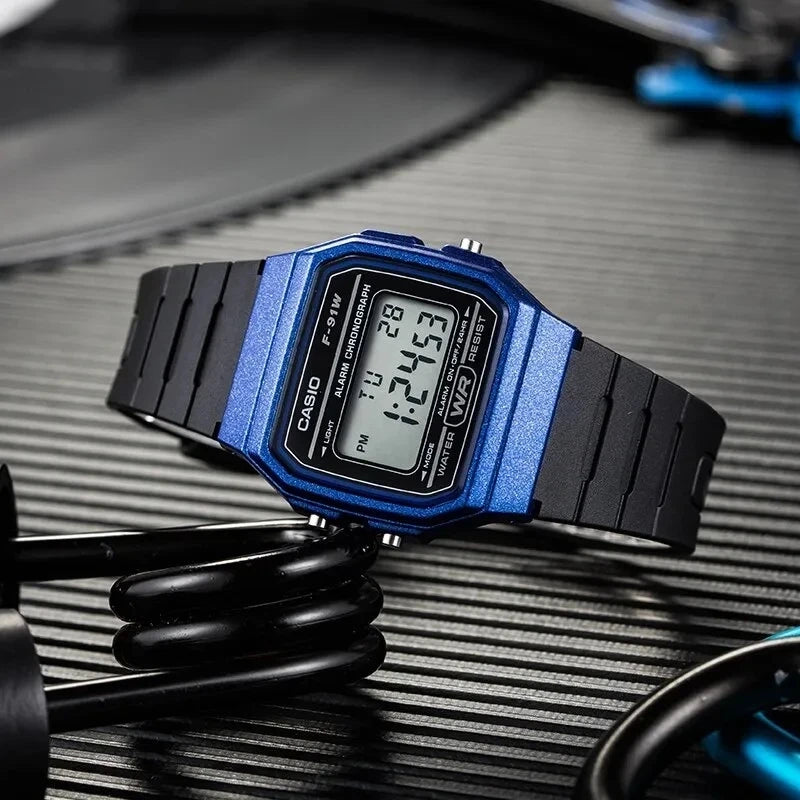 Men's Casio Classic Digital Blue Case Black Resin Strap 33mm - F-91WM-2AJH