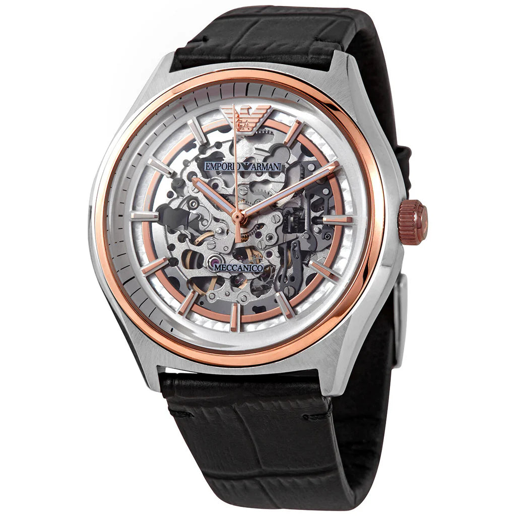 Men's Emporio Armani Zeta Skeleton Automatic Black Leather Strap Watch - AR60018