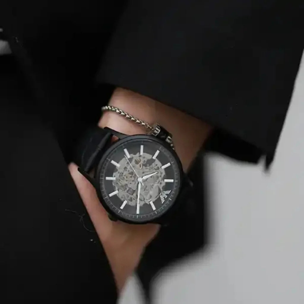 Men's Emporio Armani Automatic Black Leather Watch - AR60042