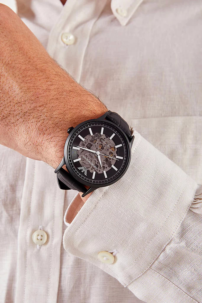 Men's Emporio Armani Automatic Black Leather Watch - AR60042