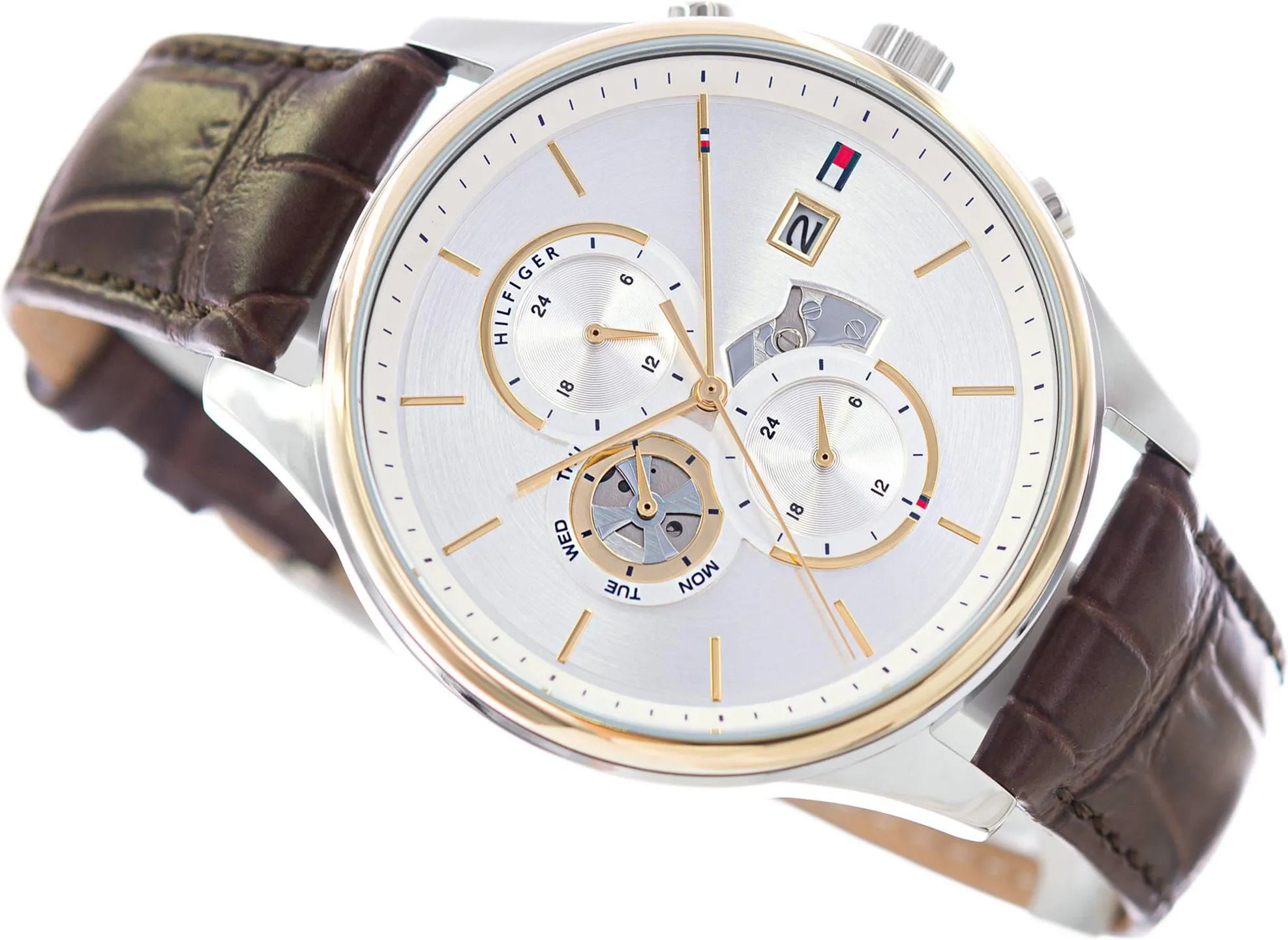 Tommy Hilfiger Brown Leather Silver White Dial Multi-function Men's Watch - 1710501